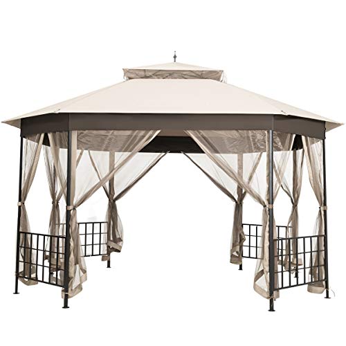 Tangkula 10 x 12 Ft Patio Gazebo, Heavy Duty Octagonal Canopy Gazebo w/Netting Sidewalls and Sturdy Steel Frame, Double Roof Vented Gazebo Canopy Shelter for Backyard Event Party BBQ (Beige)