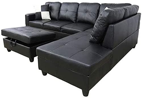 GAOPAN Faux Leather Tufted Cushions Sectional Sofa Easy to Assemble for Home Living Room Furniture Set,L-Shape 5 Seater PU Corner Couch W/Chaise Lounge and Storage Ottoman,Black