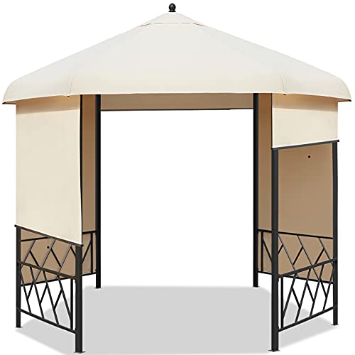 AVAWING 12' Hexagonal Gazebo, Outdoor Canopy Gazebo Roof Patio Gazebo Steel Frame Pavilion with Lift Shade Curtains for Garden,Patio,Party, Beige