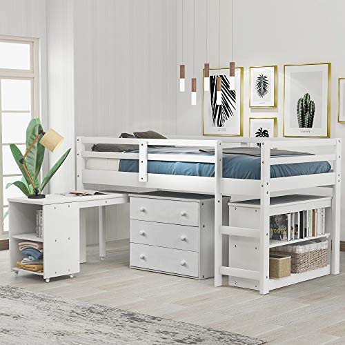 Loft Bed, Low Study Twin Loft Bed with Cabinet and Rolling Portable Desk for Kids and Teenagers, White