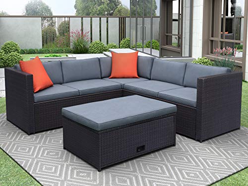 Harper & Bright Designs 4 Piece Outdoor Patio Furniture Set, All Weather PE Rattan Wicker Garden Sofa Set, Outdoor Furniture Chair Set with Orange Cushions and Tea Table, Brown wicker and Gray cushion