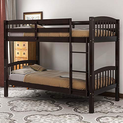 Twin Over Twin Bunk Bed Solid Wood Bunk Bed Frame with Guardrail & Ladder for Kids/Teens/Adults (Dark Espresso)