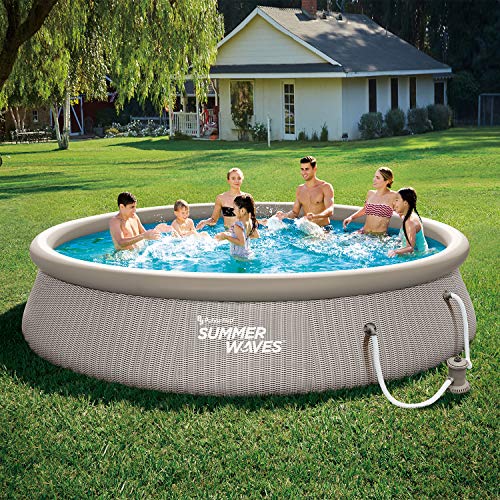 Summer Waves P1B01436E 14ft x 36in Round Quick Set Inflatable Ring Above Ground Swimming Pool with Ladder and Filter Pump, Gray Basketweave Print