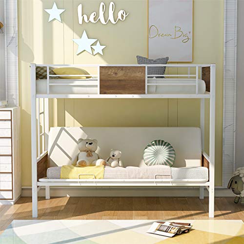 Bunk Bed with Futon ,Twin Over Futon Bunk Bed Easy Conversion to Twin Over Full Bunk Beds, Metal Futon Bunk Bed with Guardrails and Ladder, White