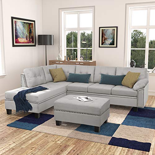 Harper & Bright Designs sectional Sofa,3 Piece Modern Sofa Sets for Living Room,Modular sectional Sofa with Chaise and Storage Ottoman, Nail Head Detail (Gray with Chaise)