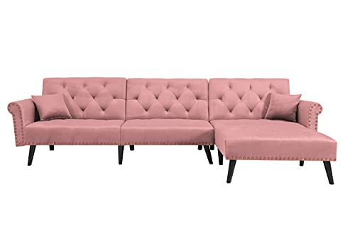 115” Wide Convertible Sofa Bed L-Shaped Pink Sectional Couches with 2 Pillows