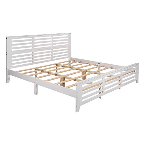 King Bed Frame with Headboard Wood Platform King Bed,No Box Spring Needed (White , King)