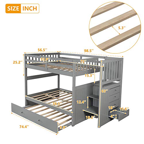 Harper & Bright Designs Full Over Full Stairway Bunk Bed with Twin Size Trundle and Drawers, No Spring Box Needed (Grey)