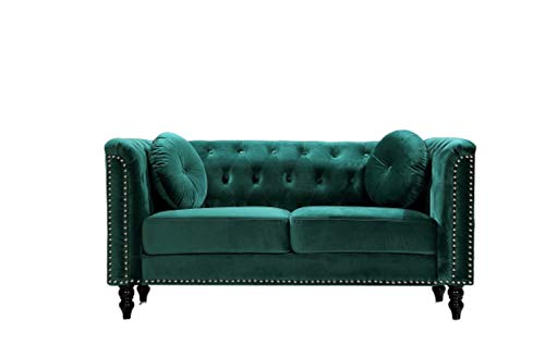 US Pride Furniture High Density Foam 64.17'' Wide Emerald Green Velvet Rolled Arm Chesterfield Living Room Loveseat with Removable Cushion & Solid Wood Legs (S5608-5613) Sofas