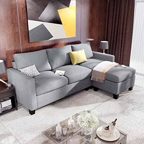 Pawnova Convertible Sectional Sofa Couch L-Shaped Settee with Soft Cushion, Comfortable Backrest and Modern Linen Fabric for Small Space, Living Room, Light Gray