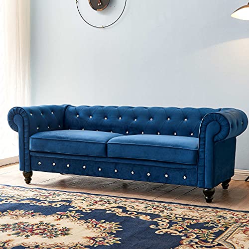 80Inch Width Transitional Sofa Velvet Upholstered Button Tufted Chesterfield 80