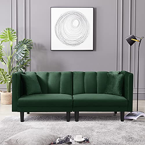 Velvet Futon Sofa Bed with Two Pillows, Modern Sleeper Sofa Couch with 3 Adjustable Angles, Convertible Small Loveseat for Living Room, Green