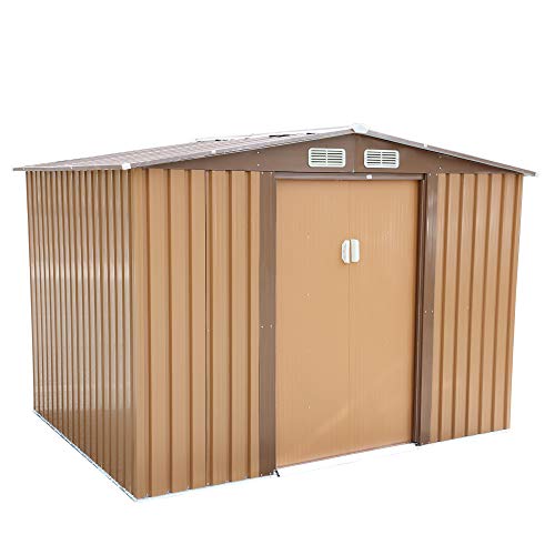 JAXPETY 8' x 6' Large Outdoor Metal Storage Shed Backyard Garden Steel Utility Tool Shed Lawn Building Garage Organizer w/ Sliding Door, Roof and 2 Vents, Coffee