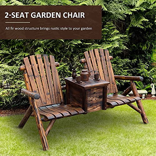 Outsunny Wooden Double Adirondack Chair Loveseat with Inset Ice Bucket, Rustic Aesethic, & Weather-Resistant Materials