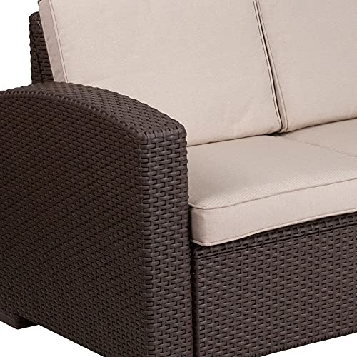 Flash Furniture Chocolate Brown Faux Rattan Loveseat with All-Weather Beige Cushions