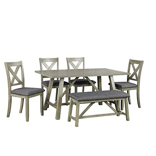Harper & Bright Designs 6 Piece Rustic Style Dining Table Set Wood Kitchen Table Set with Table, Bench and 4 Chairs, Gray