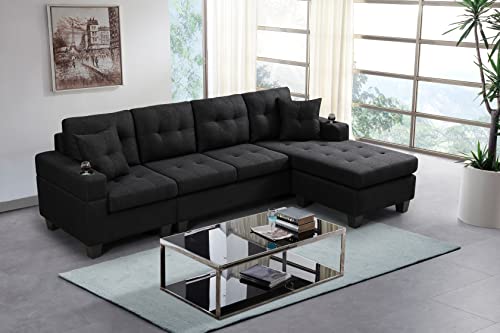STARTO Modern Reversible Futon Sectional Sofa Set for Living Room Bedroom, L Shape 4 Seat Couch w/Cup Holder and Left or Right Hand Chaise, Black
