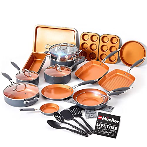 Mueller UltraClad Copper Pots and Pans Set, 24-Piece Kitchen Cookware and Bakeware Set, Non-Stick Coating, Aluminum Body, Includes Fry Pans, Dutch Oven, Pancake and Grill Pan, Bakeware Set and More
