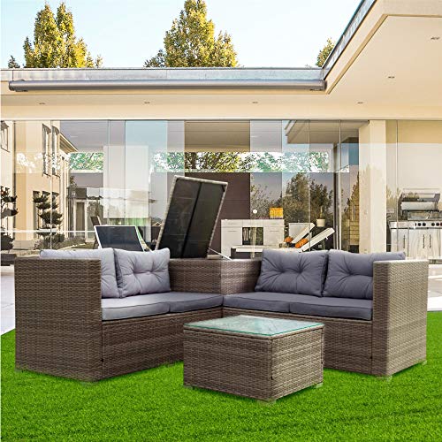 4 PCS Patio Furniture Set, Outdoor Wicker Conversation Set with Coffee Table, Storage Ottoman Rattan Sofa & Lounger Chairs Set with Seat Cushions for Backyard, Garden, Poolside, Gray