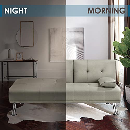 Yaheetech Linen Fabric Sofa Bed Modern Couch Bed Folding Recliner Sleeper Reversible Loveseat Convertible Daybed Sofa w/ 2 Cup Holders Removable Armrests 3 Adjustable Angles 772lb Capacity Beige