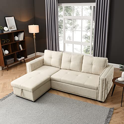 MOEO Reversible Sectional Sleeper Sofa with Storage Chaise & Pulled Out Bed, 91