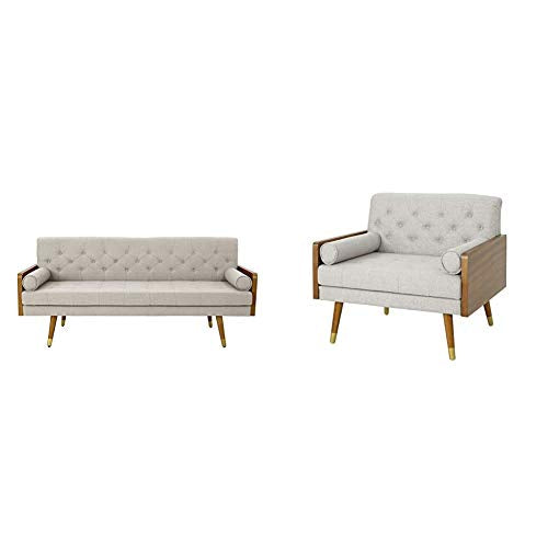 Christopher Knight Home Aidan Mid Century Modern Tufted Fabric Sofa, Beige & Greta Mid Century Modern Fabric Club Chair, Beige, Dark Walnut