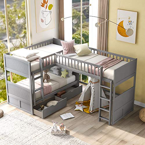 L-Shaped Triple Bunk Beds, Twin Size Buck Bed with a Loft Bed Attached, Wooden Bunk Bed with Two Storage Drawers for Kids, Teens, Adults Grey