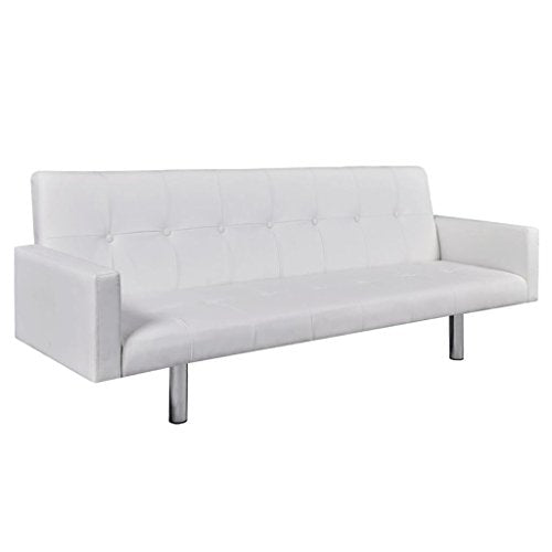 Sofa Bed with Armrest | Adjustable Futon Sofa Bed for Living Room Bedroom | Modern Convertible Artificial Leather Couch Bed | White Faux Leather with Wooden Frame | by EstaHome