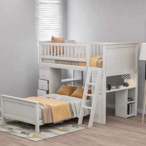 Twin Over Twin Bunk Beds with Drawers, Solid Wood Loft Bunk L-Shaped Bunk Beds Twin Over Twin Size, No Box Spring Needed