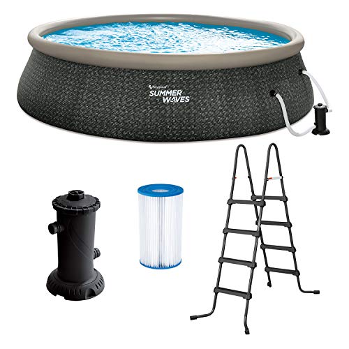 Summer Waves P1A01848E 18ft x 48in Round Quick Set Inflatable Ring Above Ground Swimming Pool with Ladder and Filter Pump, Dark Gray Herringbone Print