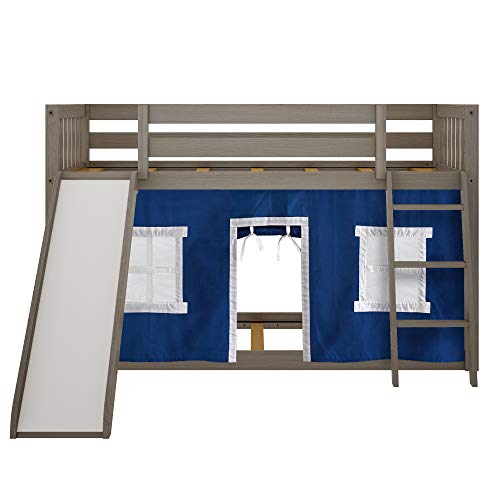 Max & Lily Low Bunk Bed with Slide and Blue Curtains, Twin, Clay