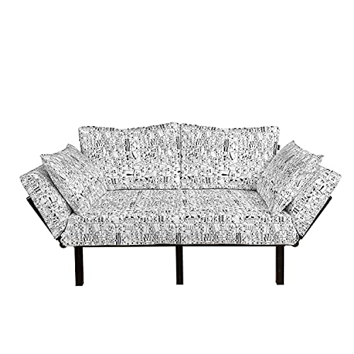 Lunarable Psychedelic Futon Couch, Cats with Costumes Bow Ties Humor Kitty Animal Sketch Illustration, Daybed with Metal Frame Upholstered Sofa for Living Dorm, Loveseat, Black White