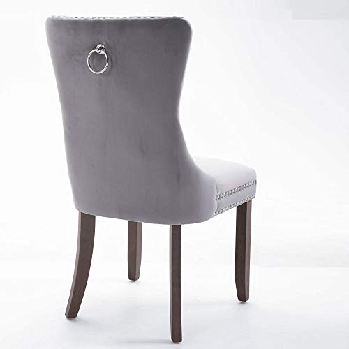 Rhomtree Set of 2 Velvet Fabric Dining Chairs Luxury Tufted Back with Nailed Trim and Back Ring Pull Home Kitchen Dining Room Chairs Armless Accent Side Chairs Solid Rubber Wood Legs, Set of 2 (Grey)