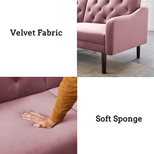 Olela Futon Sofa Bed Convertible Couch Bed with Armrests Modern Living Room Velvet Sofa Bed, Folding Recliner Futon Couch Sleeper Set with Wood Legs, Pink - Velvet