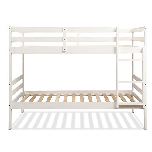 Costzon Twin Bunk Bed, Solid Hardwood Twin Over Twin Bed for Kids with Ladder and Safety Rail, Children Wooden Bunk Beds for Bedroom, Dorm, Flat w/ Slats, Bedroom Furniture (White)