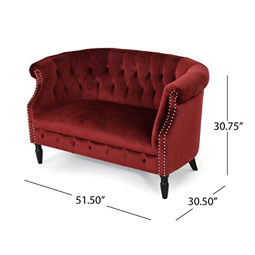Melaina Tufted Chesterfield Velvet Loveseat with Scrolled Arms, Garnet and Dark Brown