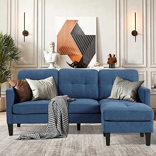 MAGIC UNION Sectional Sofa Set Blue Convertible L-Shape Couch with Reversible Ottoman, Modern Linen Fabric Sofa Couch for Small Living Room, Apartment, Office (Blue)