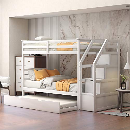 Twin-Over-Twin Bunk Bed for Kids, Wood Twin Bunk Bed with Storage and Trundle