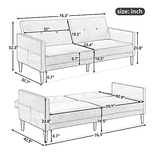 76-inch Velvet Futon Sofa Bed, Upholstered Sleeper Sofa Couch, Convertible Loveseat with 5 Solid Wood Legs, Modern Living Room Sofa for Compact Space, Apartment or Dorm (Grey)