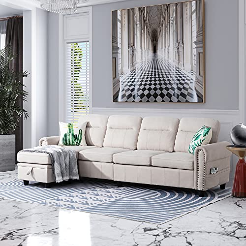 JAMFLY Convertible Sectional Sofa Couch with Reversible Chaise, L-Shaped 4-seat Couch with Modern Chenille Fabric for Living Room(Beige)