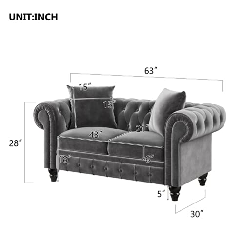 Modern Tufted Velvet Fabric Sofa Couch Upholstered, Sectional Sofa Bed for Living Room Small Space, l Shaped 2 Seats Small Space Loveseat Sofa +2 Pillows, Dark Grey