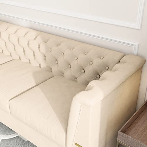 Mid-Century Modern Velvet Sofa Couch Upholstered 3 Seat Button Tufted Chesterfield Couches with Flared Arm&Gold Legs, Removable Cushion Seat, Loveseat Sofa for Living Room, Bedroom, Beige