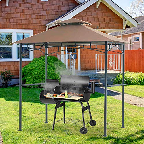 Warmally 5’x8’ Grill Gazebo Double Tiered Canopy Outdoor Patio BBQ Tent and Steel Frame with Two Bar Counters(Khaki)