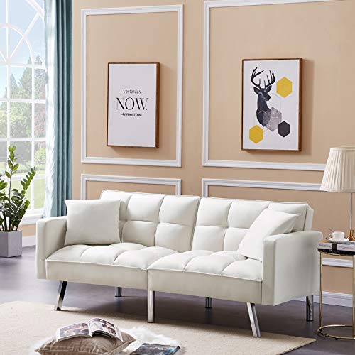 LETESA Modern Futon Sofa Bed, Convertible Sleeper Couch Daybed Loveseat Reclining Sofa with Arms and 2 Pillows for Compact Living Space, Apartment, Office, Living Room (White)
