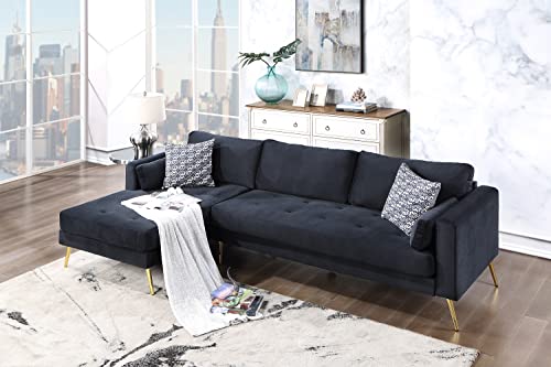 UNIROI Elegant Black Velvet L-Shape Sectional Sofa Set, 5 Seat Fashion Upholstered Copper Nail Decor Corner Couch with 3 Pillows for Home Apartment Living Room