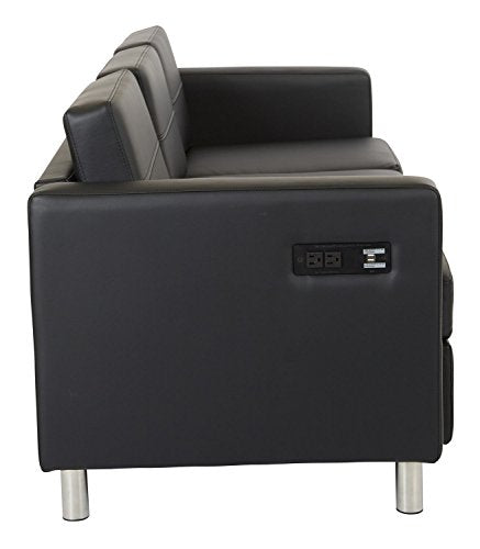 Office Star Atlantic Sofa with Silver Finish Legs and Dual Charging Station, Black Dillon Fabric