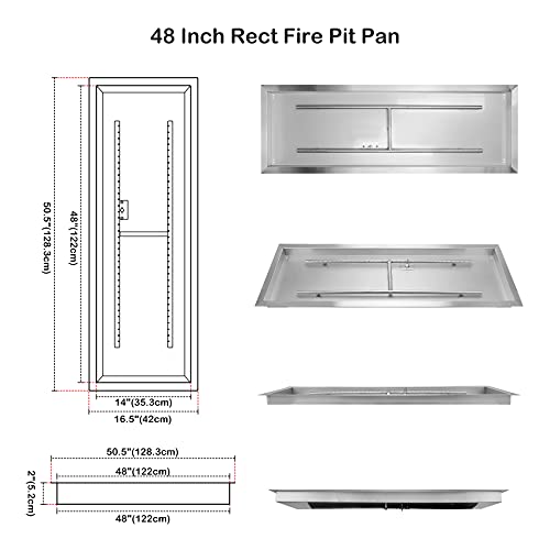 Stanbroil Rect Drop-in Fire Pit Pan w/H-Burner Installed, 304 Series SS, 48 by 14-Inch
