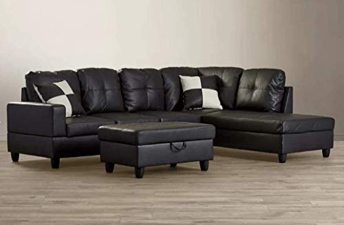 Sofa Sectional Sofa, L-Shape Faux Leather Sectional Sofa Couch Set with Chaise, Ottoman, 2 Toss Pillow Using for Living Room Furniture.（Black）