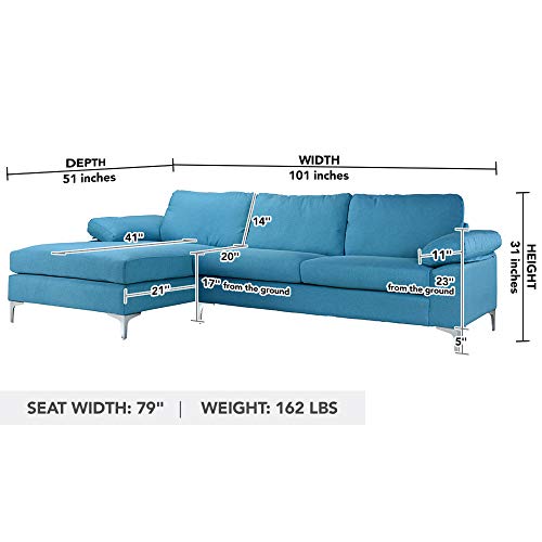 Casa Andrea Milano LLC Modern Large Fabric Sectional Sofa, L-Shape Couch with Extra Wide Chaise Lounge, Navy