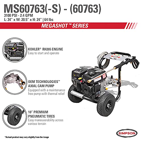 SIMPSON Cleaning MS60763-S MegaShot Gas Pressure Washer Powered by Kohler RH265, 3100 PSI at 2.4 GPM
